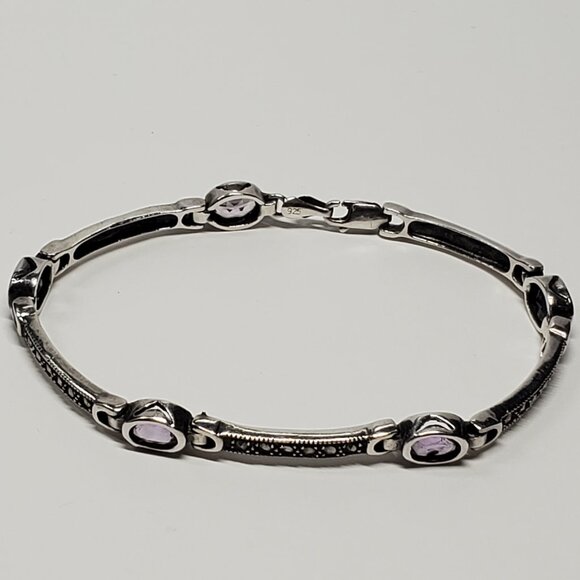 Amethyst & Marcasite Sterling Silver chain bracelet - Picture 6 of 12